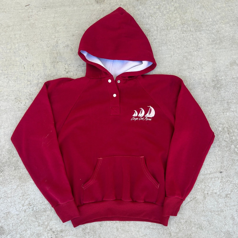 Vintage 70s Sportswear Cape Cod Sailing Hoodie XL Red Henley Snap Pullover